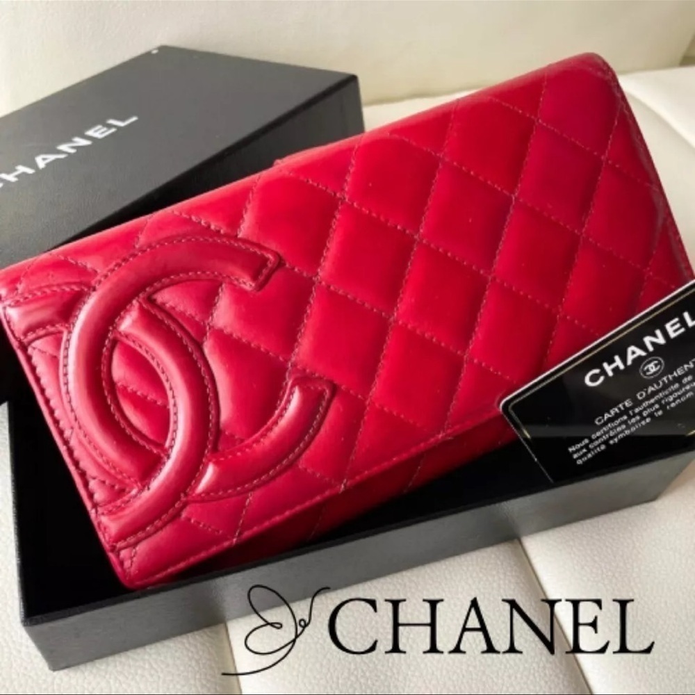 Chanel Cambon Line long wallet Matelasse Leather red Used Auth with card box